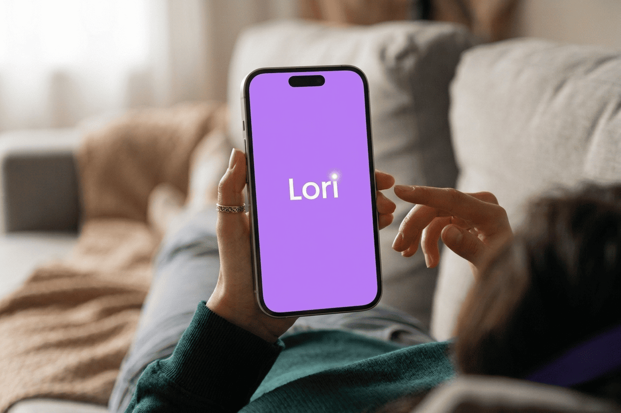 Pessoa segurando celular com a plataforma Lori